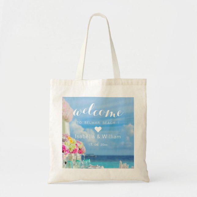 Elegant Floral Ocean Beach Wedding Welcome Favour Tote Bag (Front)