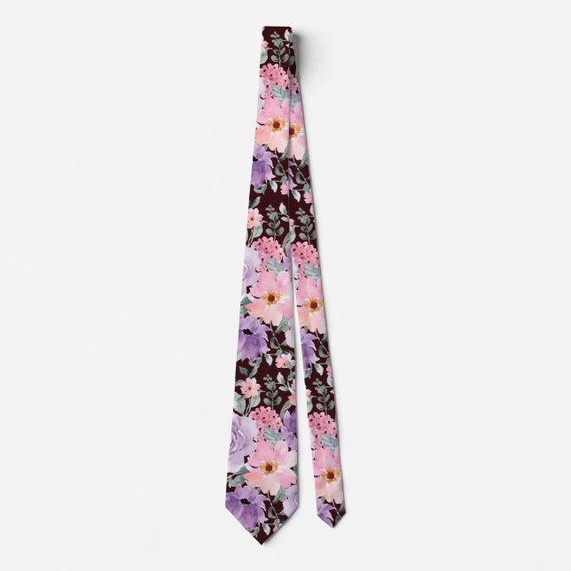 Elegant Floral on Burgundy Watercolor Wedding Tie (Front)