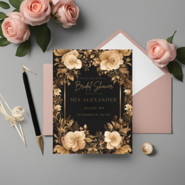 Elegant Floral: Opulent Black & Gold Bridal Shower Invitation (Creator Uploaded)