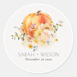 Elegant Floral Orange Autumn Pumpkin Wedding Classic Round Sticker