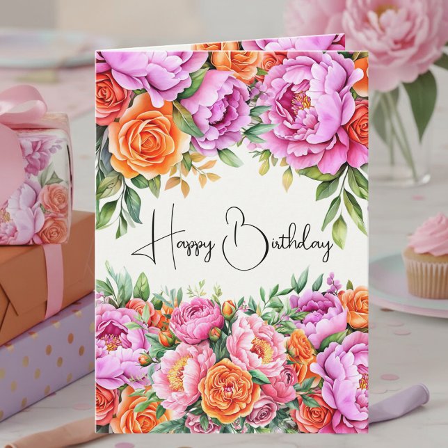 Elegant Floral Orange Pink Peonies Happy Birthday Card (Creator Uploaded)