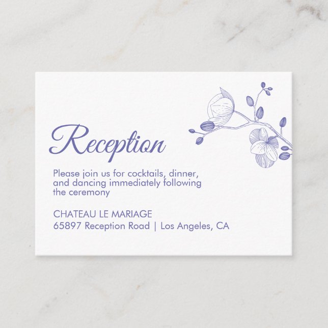 Elegant floral orchids modern periwinkle reception enclosure card (Front)