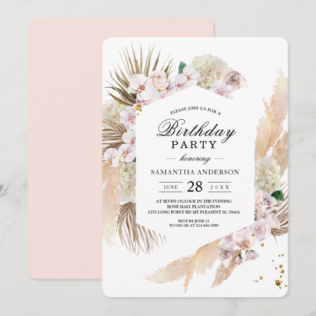 Elegant Floral Orchids & Pampas Beauty Frame Invitation (Front/Back)