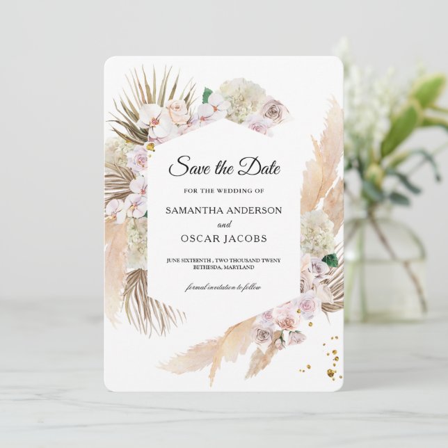Elegant Floral Orchids & Pampas Beauty Frame Save The Date (Standing Front)
