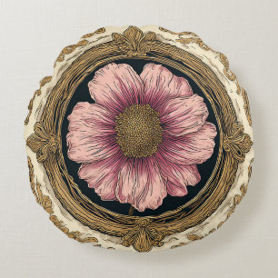 Elegant Floral Ornament With Golden Accents Round Cushion