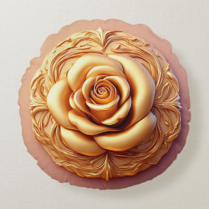 Elegant Floral Ornament With Golden Accents Round Cushion