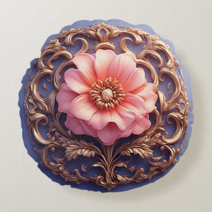 Elegant Floral Ornament With Golden Accents Round Cushion
