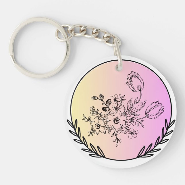 Elegant Floral Pastel Circle Aesthetic Design Key Ring (Front)