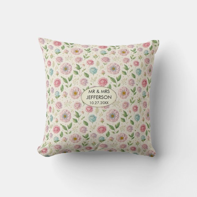 Elegant Floral Pastel Customised Wedding Name Date Cushion (Front)