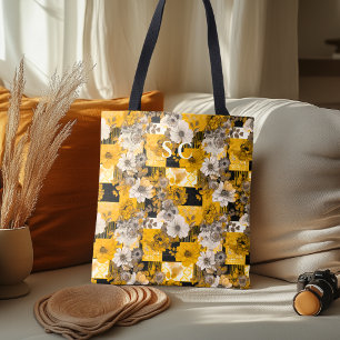Elegant Floral Patchwork with Yellow, Grey, Black Tote Bag