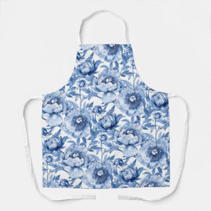 Elegant Floral Pattern Blue and White Chinoiserie Apron