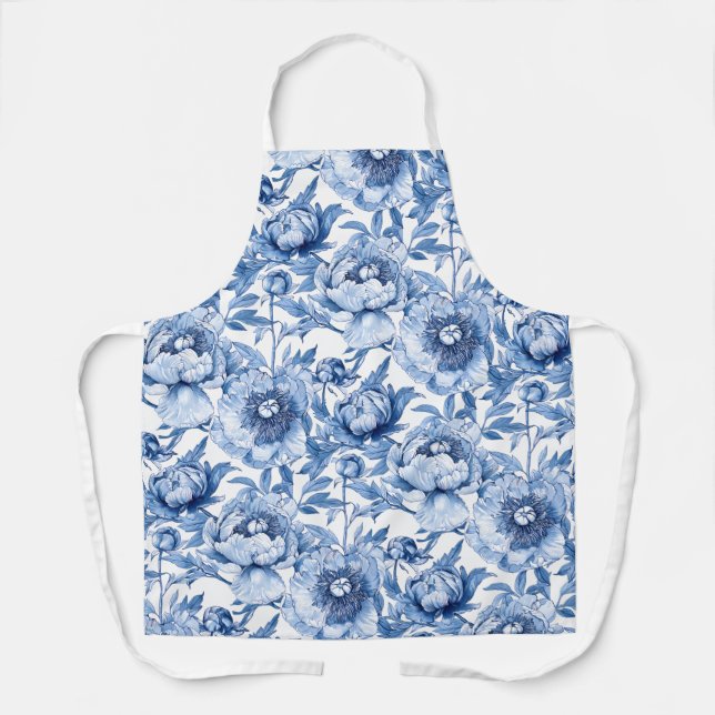 Elegant Floral Pattern Blue and White Chinoiserie Apron (Front)