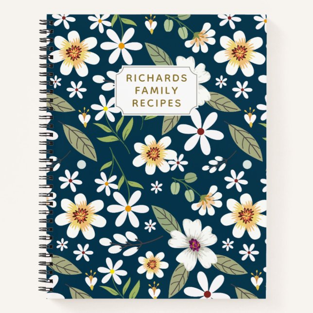 Elegant Floral Pattern Blue Navy Family Recipe Notebook (Front)