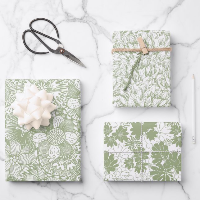 Elegant  Floral Pattern Chic Sage Green Wrapping Paper Sheet (Front)