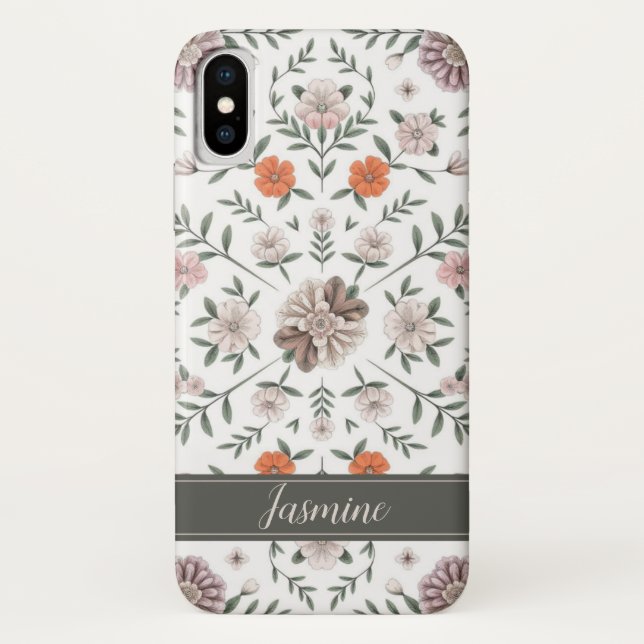 Elegant Floral Pattern Custom Name iPhone Case X (Back)