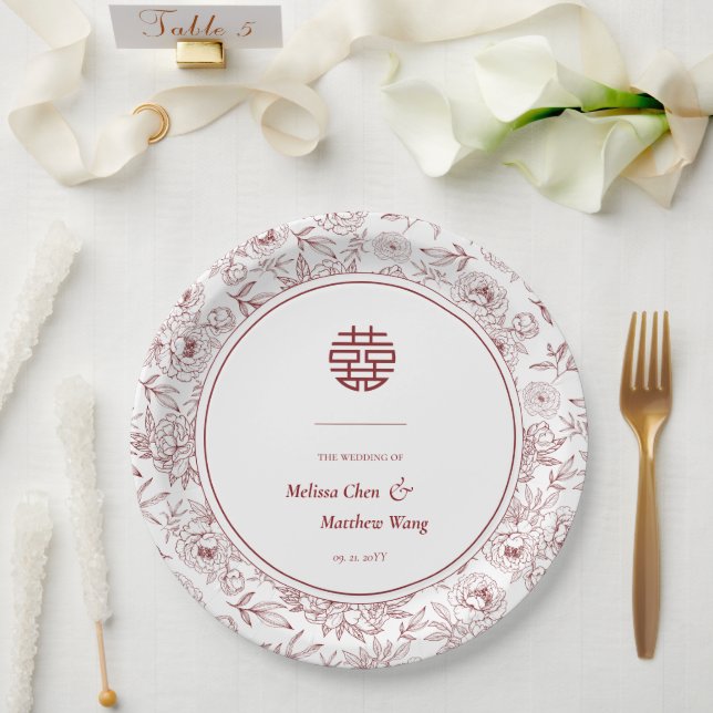 Elegant Floral Pattern Double Xi Chinese Wedding Paper Plate (Wedding)