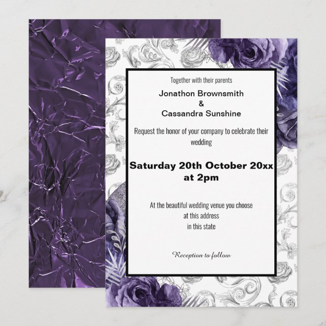 ELEGANT FLORAL PATTERN FOIL METALLIC WEDDING INVITATION (Front/Back)