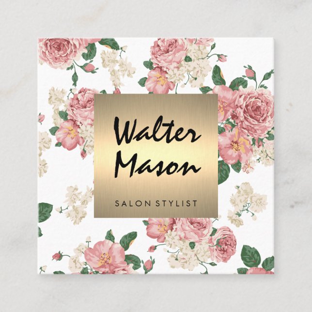 Elegant Floral Pattern Gold Trim Square Business Card (Front)