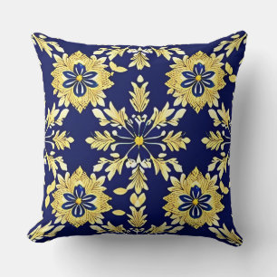 Elegant Floral Pattern in Gold and Blue Cushion