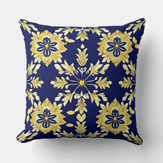 Elegant Floral Pattern in Gold and Blue Cushion (Front)