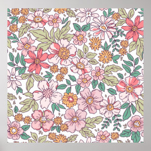 Elegant floral pattern in small hand draw flower.  poster