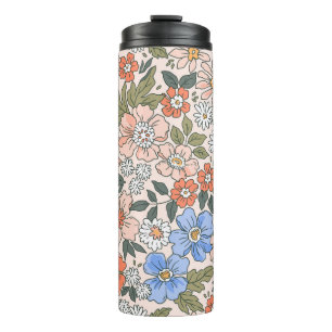 Elegant floral pattern in small hand draw flowers  thermal tumbler