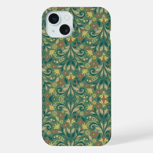 Elegant Floral Pattern in Yellow and Red on Green iPhone 15 Plus Case