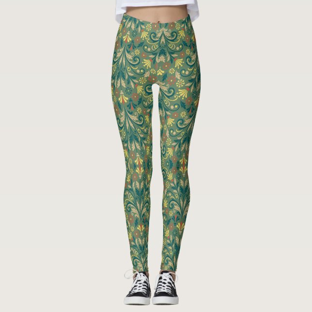 Elegant Floral Pattern in Yellow and Red on Green Leggings (Front)