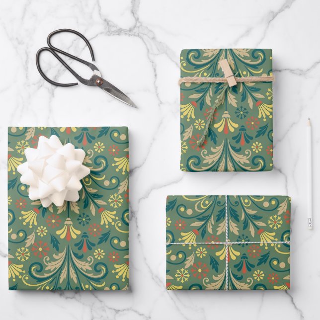 Elegant Floral Pattern in Yellow and Red on Green Wrapping Paper Sheet (Front)