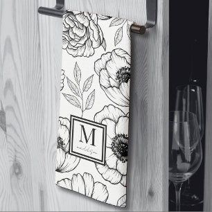Elegant Floral Pattern Initial Monogram Tea Towel
