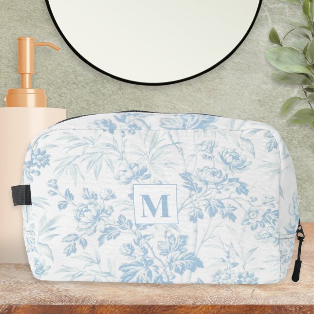 Elegant Floral Pattern Monogrammed Toiletry Bag (A pretty light blue floral monogrammed dopp kit)
