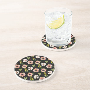 Elegant Floral Pattern on Black Chic Botanical Coaster
