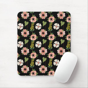 Elegant Floral Pattern on Black Chic Botanical Mouse Pad