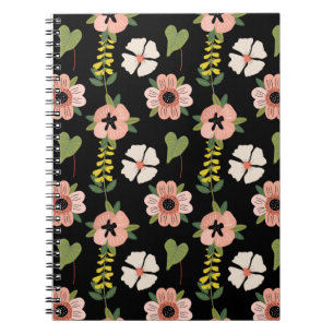 Elegant Floral Pattern on Black   Chic Botanical  Notebook