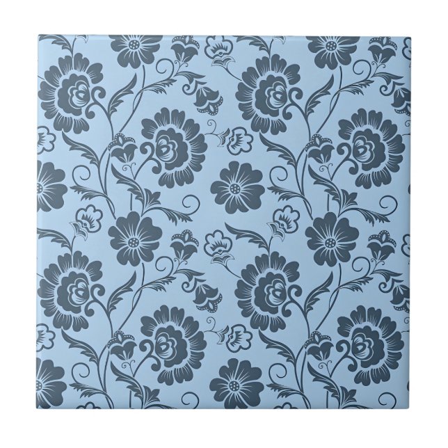Elegant Floral Pattern on Light Blue Back Ceramic Tile (Front)