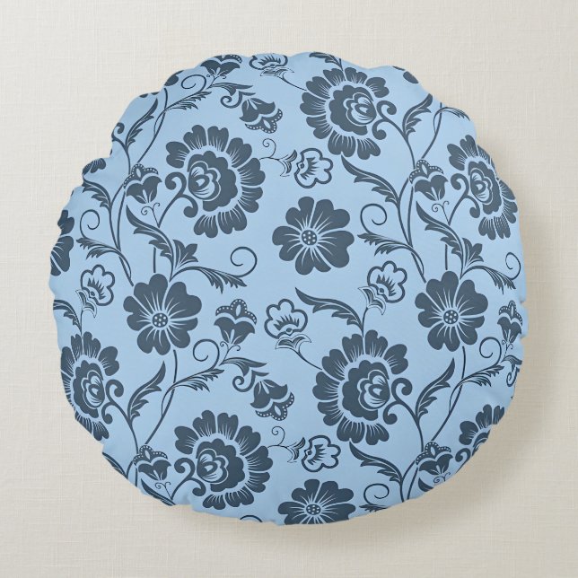Elegant Floral Pattern on Light Blue Back Round Cushion (Front)