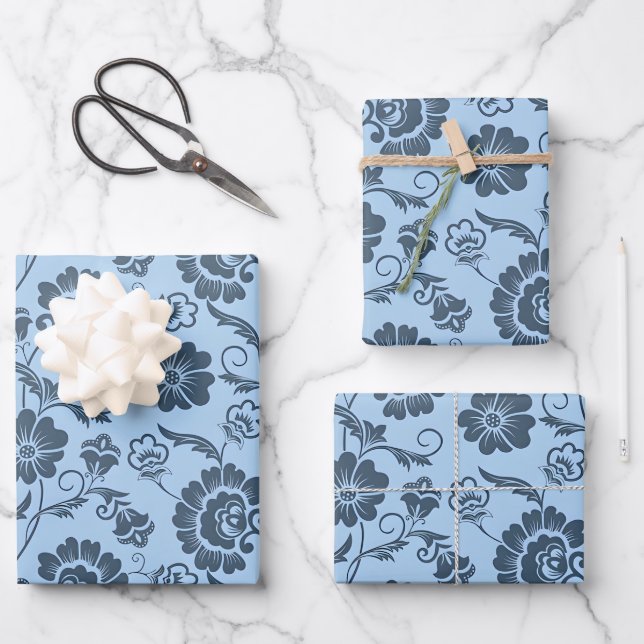 Elegant Floral Pattern on Light Blue Back Wrapping Paper Sheet (Front)