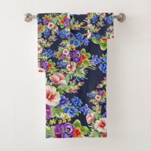 Elegant Floral Pattern Pink Yellow Blue Foliage Bath Towel Set