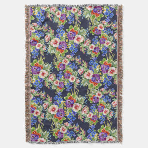 Elegant Floral Pattern Pink Yellow Blue Foliage Throw Blanket