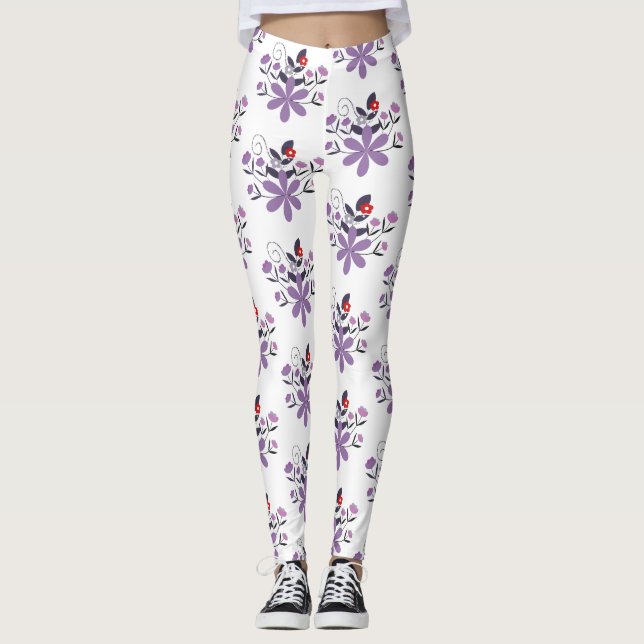 Elegant floral pattern purple violet grey red leggings (Front)