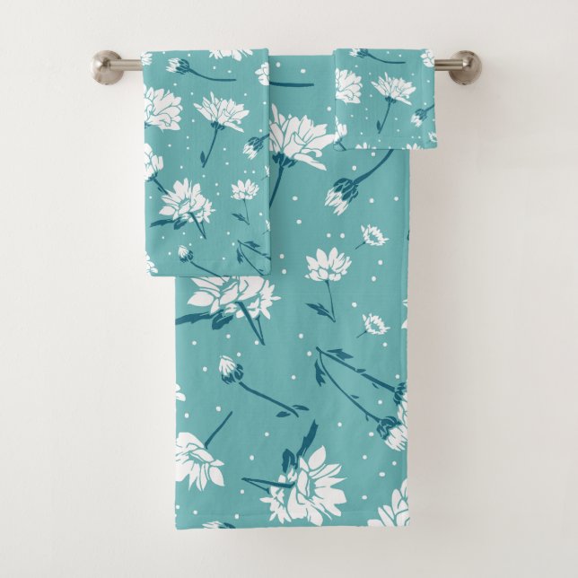 Elegant Floral Pattern - Teal & White Botanical Bath Towel Set (Insitu)