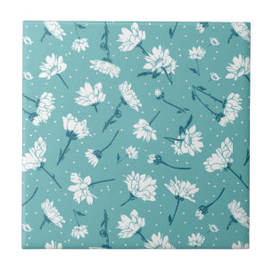Elegant Floral Pattern - Teal & White Botanical Ceramic Tile
