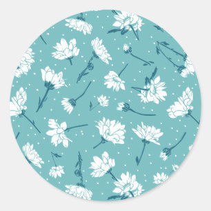 Elegant Floral Pattern - Teal & White Botanical Classic Round Sticker