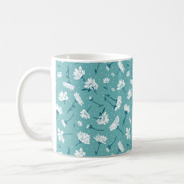 Elegant Floral Pattern - Teal & White Botanical Coffee Mug (Left)