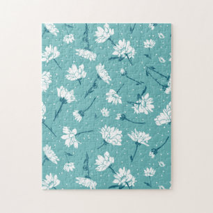 Elegant Floral Pattern - Teal & White Botanical Jigsaw Puzzle