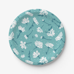 Elegant Floral Pattern - Teal & White Botanical Paper Plate