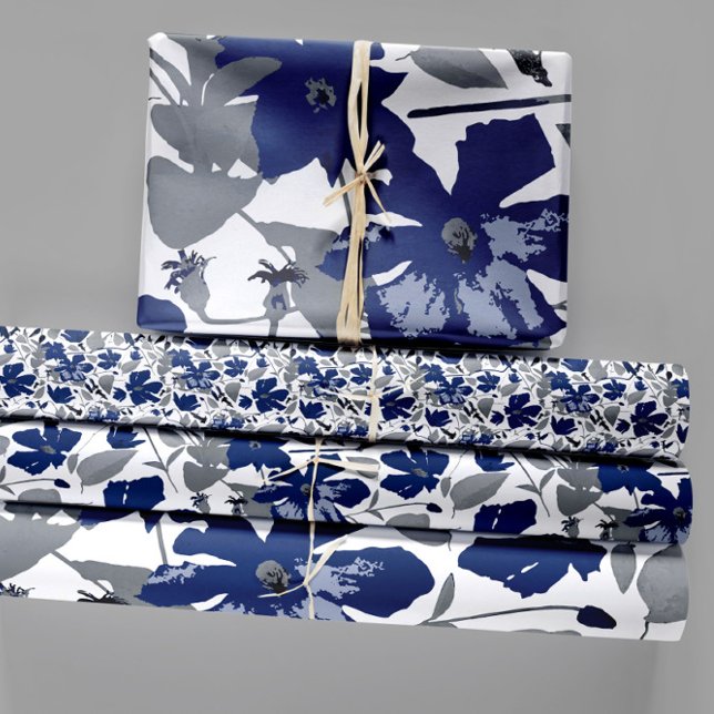 Elegant Floral Pattern Trio Decoupage Gift Wrapping Paper Sheet (Elegant Blue Gray Watercolor Floral Pattern Wrapping Paper Sheets from Studio Posies.)