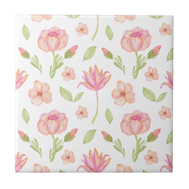 Elegant Floral Pattern with Pink Peonies and Lilie Ceramic Tile (Front)