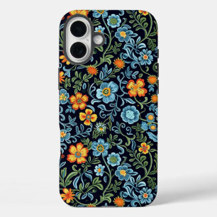 Elegant Floral Pattern with Red and Blue Leaves Ca iPhone 16 Plus Case