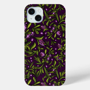 Elegant Floral Pattern with Red and Blue Leaves Ca iPhone 15 Mini Case